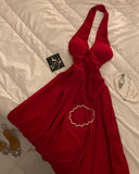 Classy A Line Halter Red Long Pleated Party Dress Chiffon Prom Dresses Evening Dress HZ1024