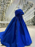 Sexy Ball Gown Strapless Royal Blue Prom Dress With Pleated Long Satin Prom Dresses Party Dress HZ1024