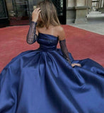 Classy A Line Strapless Long Sleeves Navy Blue Long Satin Party Dress Prom Dresses Evening Dress HZ1024