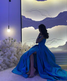 Sexy Ball Gown Strapless Royal Blue Prom Dress With Pleated Long Satin Slit Prom Dresses Party Dress HZ1024