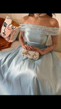 Sexy A line Off The Shoulder Light Sky Blue Prom Dress With Beads Long Satin Prom Dresses Party Dress HZ1024