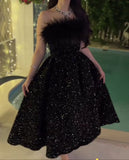 Sexy Ball Gown Strapless Black Sequin Prom Dress Long Prom Dresses Party Dress With Feather HZ1024