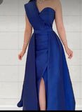 Classy A line One Shoulder Royal Blue Satin Long Party Dress Prom Dresses Evening Dress HZ1024