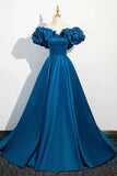 Classy A line Off The Shoulder Blue Satin Long Party Dress Prom Dresses Evening Dress HZ1024