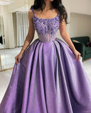 Classy A Line Spaghetti Straps Lilac Satin Long Party Dress Prom Dresses Evening Dress HZ1024