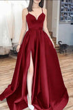 Elegant A-Line Spaghetti Straps Red Satin Long Prom Dress Slit Prom Dresses HZ1024