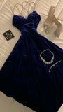 Elegant A Line Royal Blue Velvet Slit Long Prom Dress Evening Dresses HZ1024