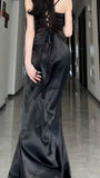 Elegant Sheath Spaghetti Straps Black Slit Long Prom Dress Evening Dresses HZ1024