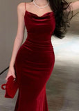 Elegant Sheath Spaghetti Straps Red Velvet Long Prom Dress Evening Dresses HZ1024