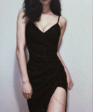 Elegant Sheath Spaghetti Straps Black Sequin Long Prom Dress Evening Dresses HZ1024