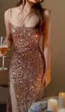 Elegant Sheath Spaghetti Straps Slit Sequin Long Prom Dress Evening Dresses HZ1024