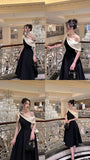 Elegant A Line One Shoulder Black Satin Bow Prom Dress Evening Dresses HZ1024