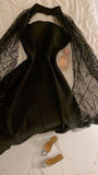 Elegant A Line Strapless Black Satin Prom Dress Evening Dresses With Cape HZ1024