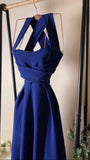 Elegant A Line Halter Royal Blue Satin Prom Dress Evening Dresses With Ruffles HZ1024