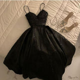 Elegant A Line Spaghetti Straps Black Satin Long Prom Dress Evening Dresses HZ1024