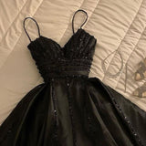 Elegant A Line Spaghetti Straps Black Satin Long Prom Dress Evening Dresses HZ1024
