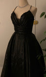 Elegant A Line Spaghetti Straps Black Satin Long Prom Dress Evening Dresses HZ1024