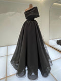 Elegant A line One Shoulder Black Long Prom Dress Evening Dresses With Ruffles HZ1024