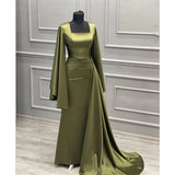 Elegant Sheath Square Neckline Olive Green Satin Long Prom Dress Evening Dresses With Ruffles HZ1024