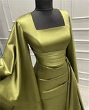 Elegant Sheath Square Neckline Olive Green Satin Long Prom Dress Evening Dresses With Ruffles HZ1024