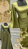 Elegant Sheath Square Neckline Olive Green Satin Long Prom Dress Evening Dresses With Ruffles HZ1024