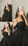 Pretty A line Strapless Black Tulle Prom Dress Evening Dresses With Beads HZ1024