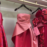 Elegant A Line Spaghetti Straps Pink Satin Long Prom Dress Evening Dresses With Pleated HZ1024