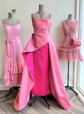 Elegant A Line Spaghetti Straps Pink Satin Long Prom Dress Evening Dresses With Pleated HZ1024