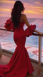 Elegant Mermaid Strapless Red Satin Long Prom Dress Evening Dresses With Sleeves HZ1024