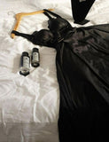 Elegant A Line Spaghetti Straps Black Satin Long Prom Dress Evening Dresses With Lace HZ1024