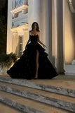 Elegant Ball Gown Strapless Black Sequin Long Prom Dress Evening Dresses With Ruffles HZ1024
