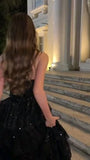 Elegant Ball Gown Strapless Black Sequin Long Prom Dress Evening Dresses With Ruffles HZ1024