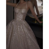 Pretty A Line Spaghetti Straps Silver Sequin Long Prom Dress Evening Dresses HZ1024