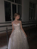 Pretty A Line Spaghetti Straps Silver Sequin Long Prom Dress Evening Dresses HZ1024