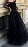 Elegant Ball Gown Off The Shoulder Black Tulle Long Prom Dress Evening Dresses With Ruffles HZ1024