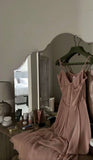 New A line Spaghetti Straps Sleeveless Pink Satin Long Prom Dresses HZ1024
