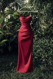 New Sheath Strapless Satin Slit Sleeveless Burgundy Evening Dress Prom Dresses HZ1024