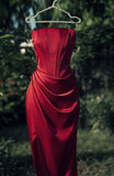 New Sheath Strapless Satin Slit Sleeveless Burgundy Evening Dress Prom Dresses HZ1024