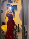 Pretty Sheath Spaghetti Straps Red Sequin Long Evening Dress Prom Dresses HZ1024