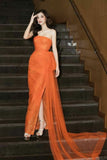 Pretty Sheath Strapless Orange Tulle Slit Long Evening Dress Prom Dresses HZ1024