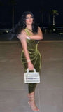 Pretty Sheath One Shoulder Green Velvet Slit Tea Length Evening Dress Prom Dresses HZ1024