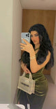 Pretty Sheath One Shoulder Green Velvet Slit Tea Length Evening Dress Prom Dresses HZ1024