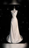 Chic Mermaid Sleeveless Ruffles Long White Satin Wedding Dresses Brides Dress HZ1024