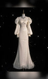 Chic Sheath Strapless White Satin Ruffles Long Sleeves Wedding Dresses Brides Dress HZ1024