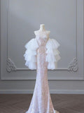 Pretty Sheath High Neckline Pink Sequin Long Tulle Ruffles Layers Evening Dress Prom Dresses HZ1024