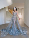 Pretty Mermaid Off The Shoulder Sequin Blue Long Evening Dress Lace Prom Dresses With Sleeves HZ1024
