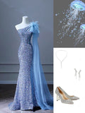 Pretty Mermaid One Shoulder Sequin Blue Slit Long Evening Dress Prom Dresses With Feather HZ1024