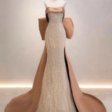 Pretty Mermaid Strapless Satin Long Evening Dress Sequin Prom Dresses With Bow HZ1024