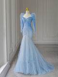 Pretty Mermaid Sweetheart Tulle Blue Long Sleeves Evening Dress Prom Dresses With Ruffles HZ1024