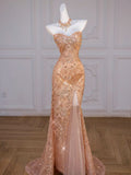 Sparkly Mermaid Sweetheart Sequin Long Slit Gold Evening Dress Prom Dresses With Beads HZ1024